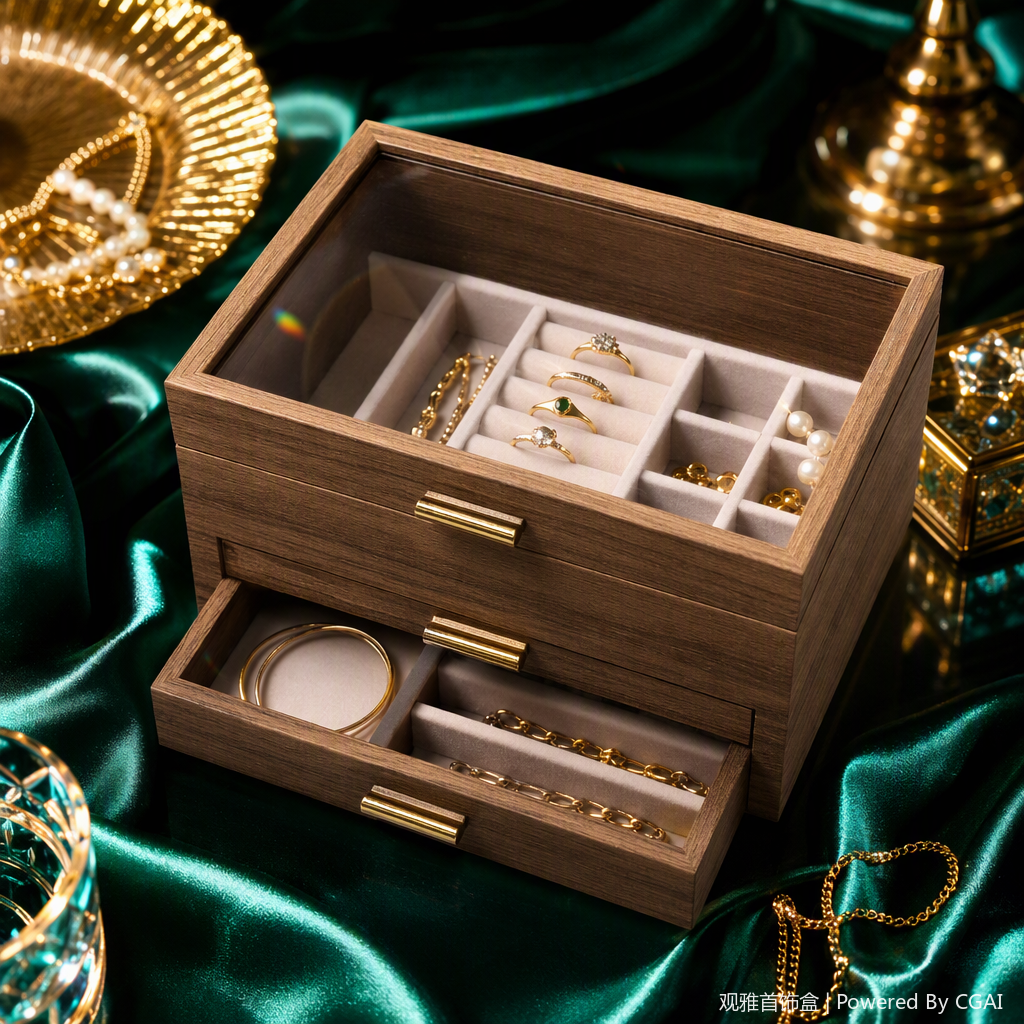 Dark brown wooden jewelry storage box with glass cover, double drawer organization box, fashionable and simple storage box, home decoration storage cabinet Specification image