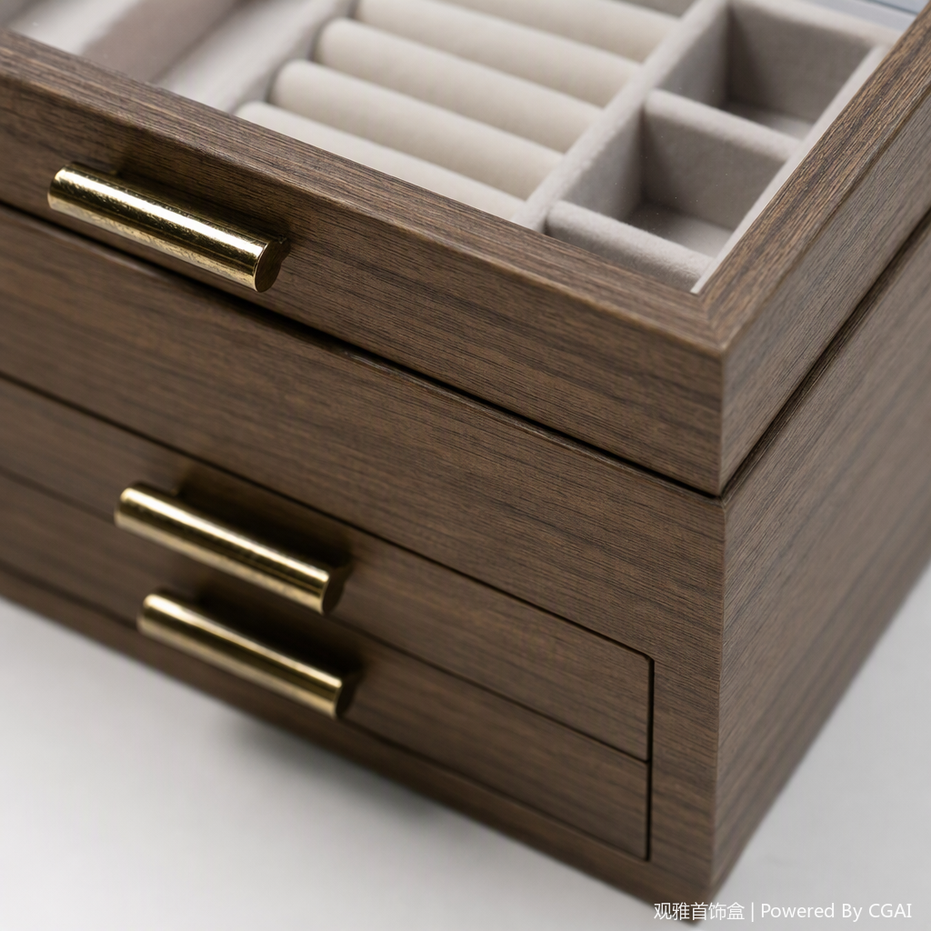 Dark brown wooden jewelry storage box with glass cover, double drawer organization box, fashionable and simple storage box, home decoration storage cabinet Application Scenario