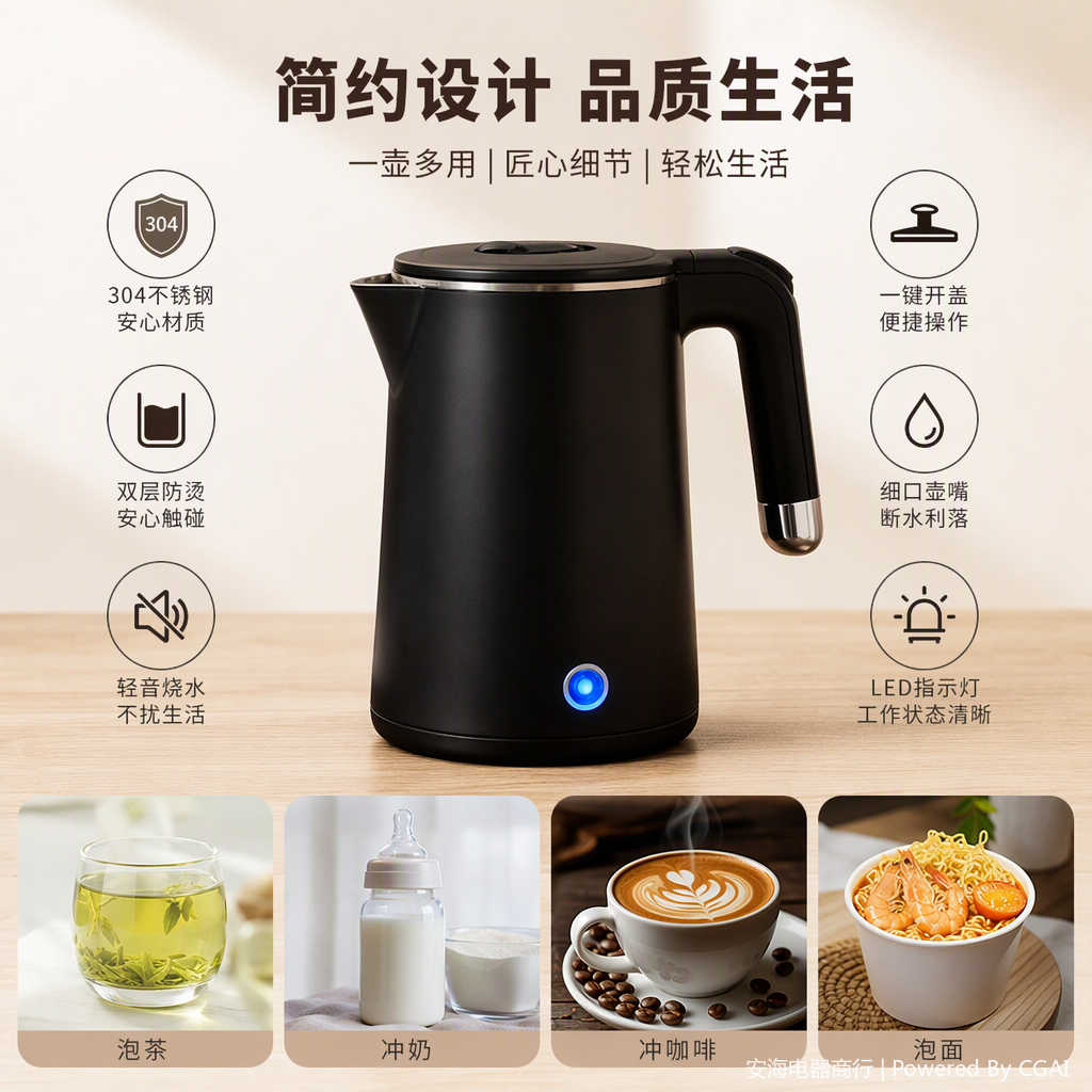The multi-functional smart electric kettle is suitable for household use. It can quickly boil water, keep warm, and has a large capacity for convenient tea and coffee brewing Item Picture