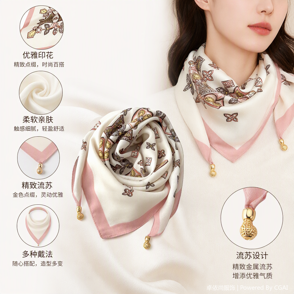 The fashionable printed silk scarf is a versatile and elegant lady's shawl. It is a new spring and summer collection, lightweight, sun-protective and available in multiple colors
