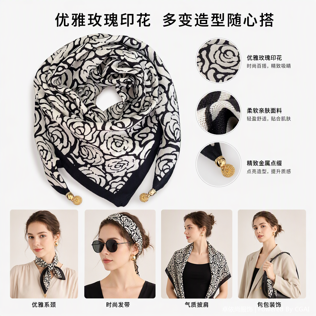 Blanco y negro rosa estampado pañuelo versátil elegante primavera verano mujer bufanda chal regalo dar tendencia de la moda