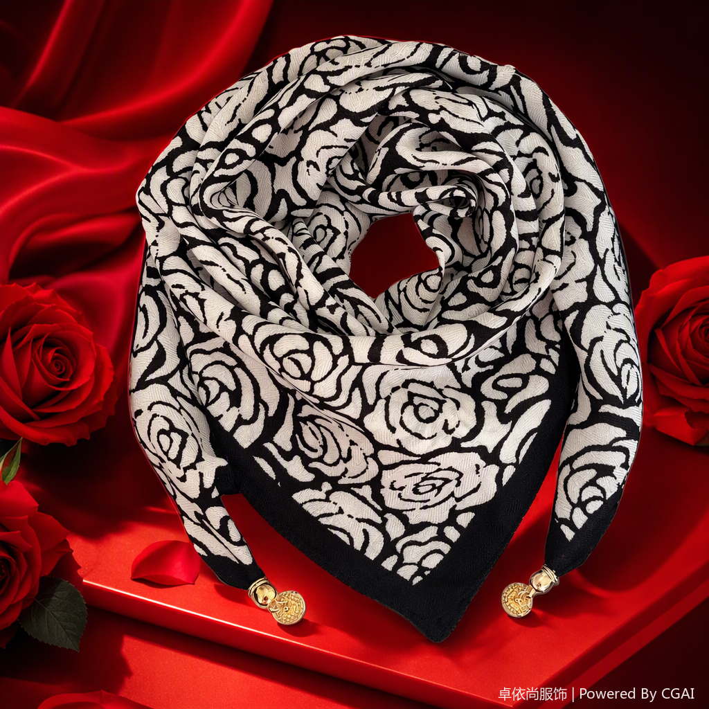 Blanco y negro rosa estampado pañuelo versátil elegante primavera verano mujer bufanda chal regalo dar tendencia de la moda Specification image