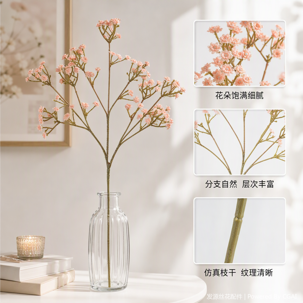 The home decoration faux flower and silk flower ornaments, as well as the floral decorations on the living room table, are elegant and generous Specification image