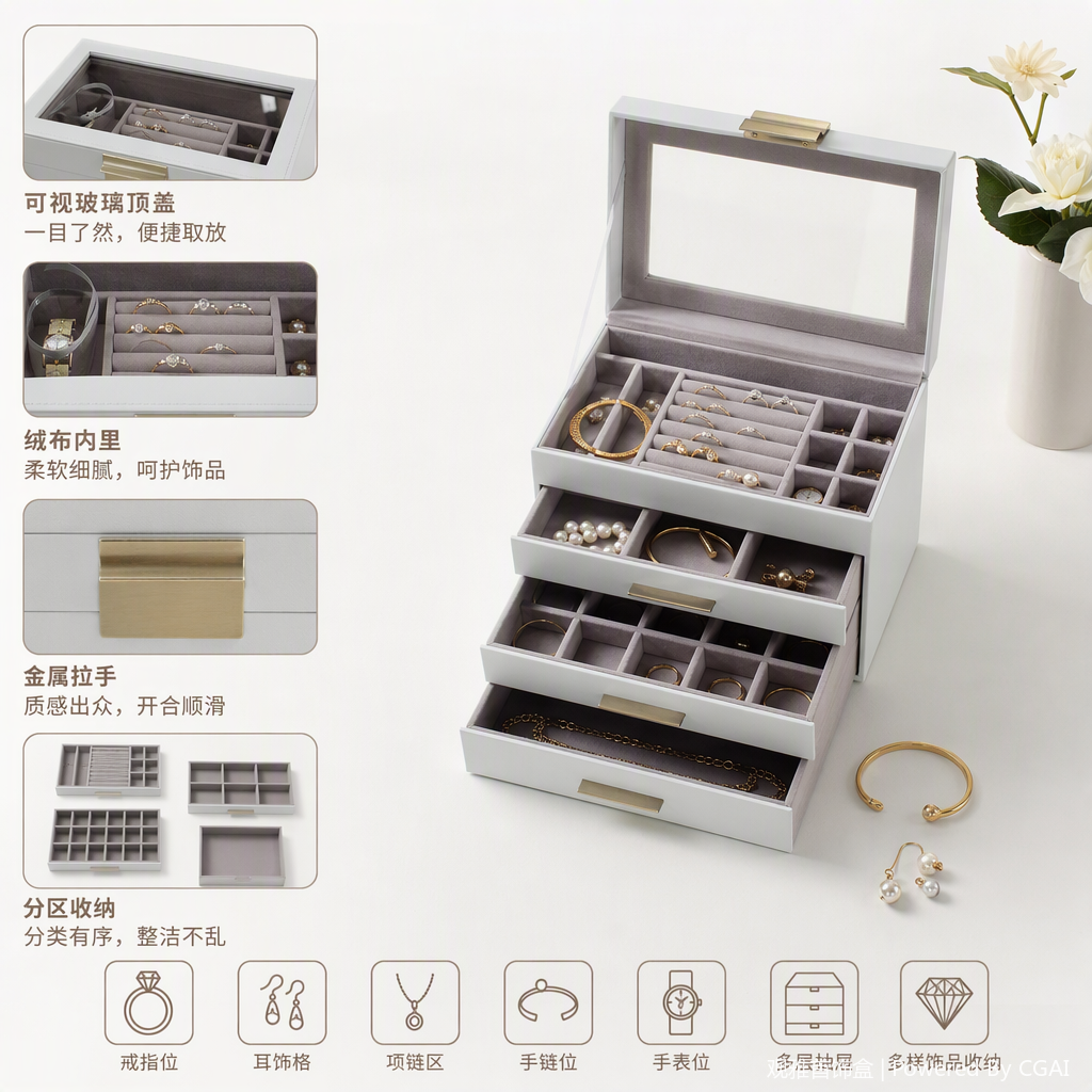 White leather multi-layer drawer-style jewelry storage box, organizing box, accessory storage box, storage cabinet, storage box, simple and fashionable for home use