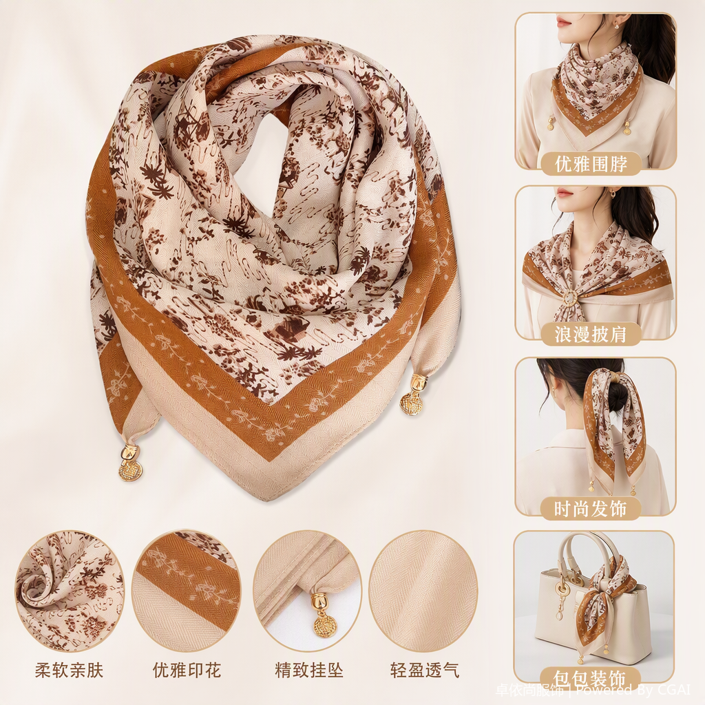 Beige marrón estampado cuadrado pañuelo con flecos dorados decoración elegante versátil moda mujer chal accesorios Beige marrón estampado cuadrado pañuelo con flecos dorados decoración elegante versátil moda mujer chal accesorios