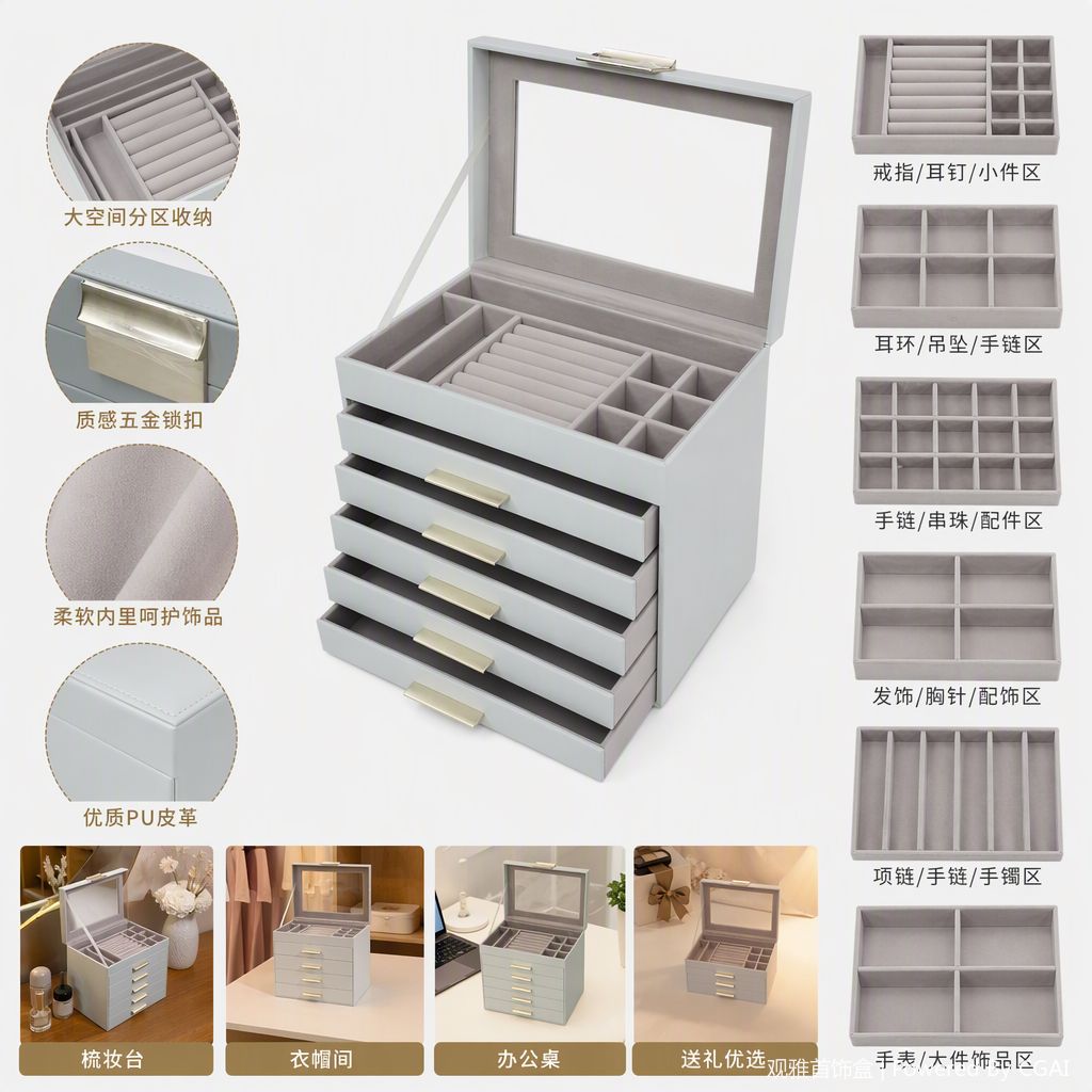 Multi-layer drawer-type jewelry storage box, white organizing box, jewelry box storage cabinet, simple and fashionable home storage box