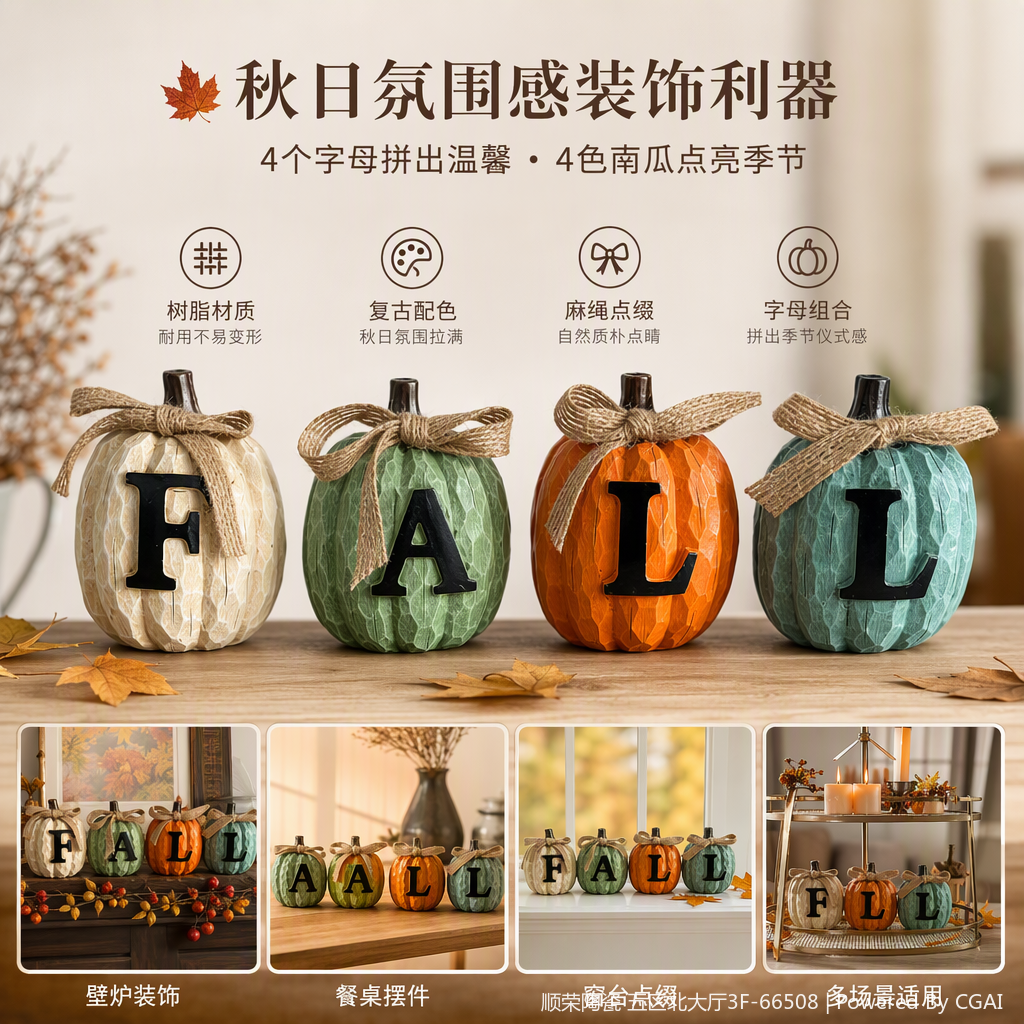 四色树脂南瓜摆件FALL字母装饰创意家居摆设节日装饰品树脂