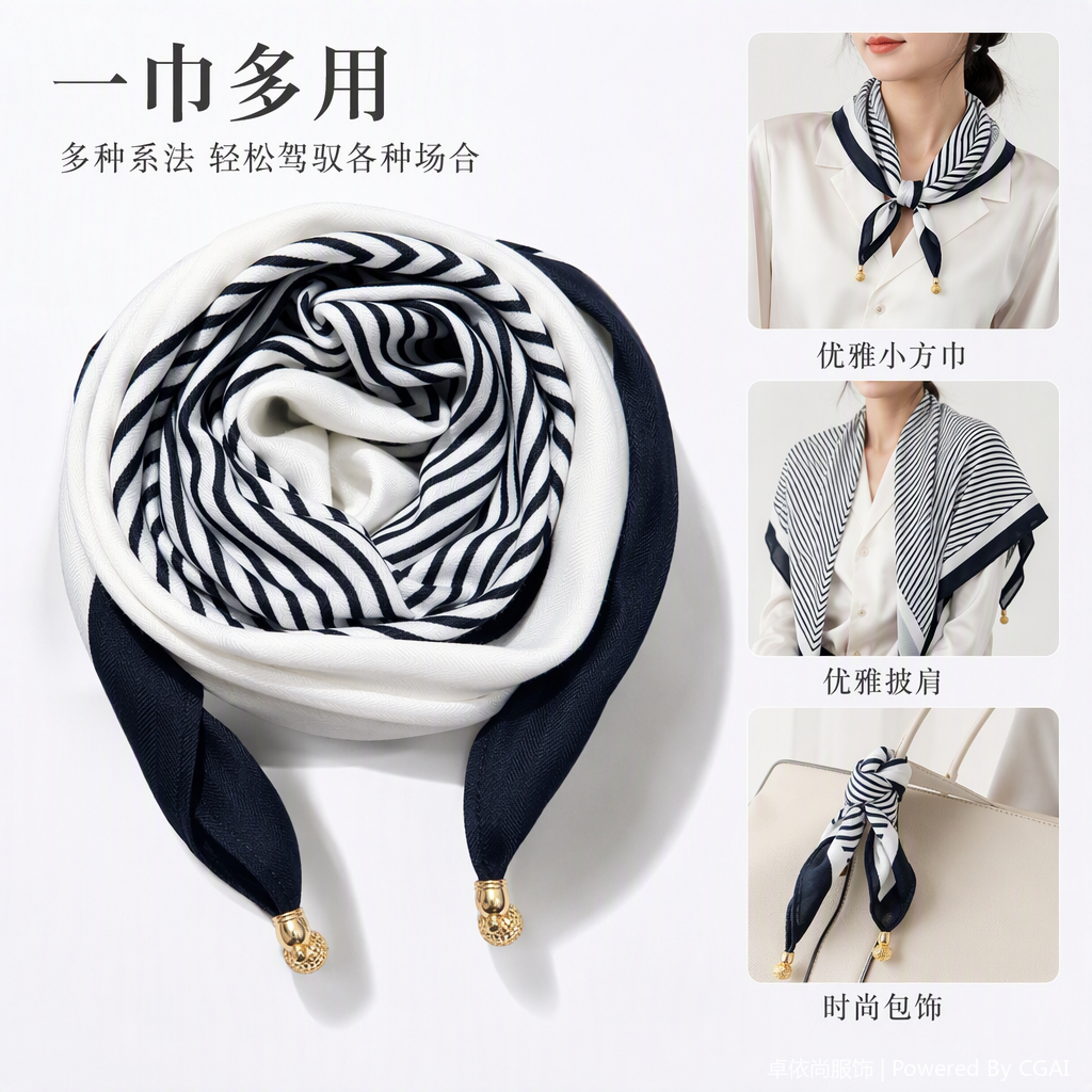 Fashionable and versatile black and white striped silk scarf, versatile casual scarf, winter warm women's scarf shawl, trendy and versatile style
