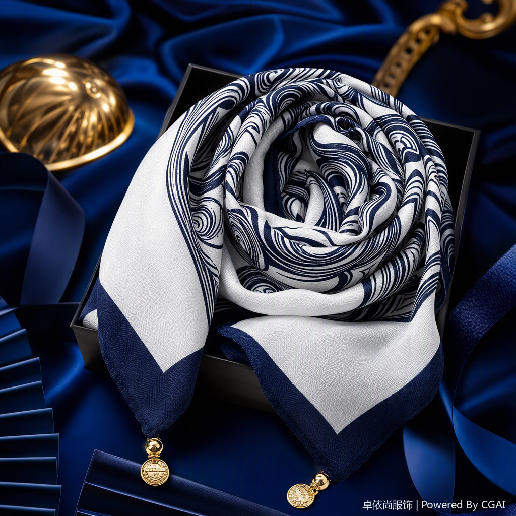Azul blanco abstracto ondulado cuadrado pañuelo de seda versátil elegante verano protección solar chal suave pañuelo de seda accesorios Specification image