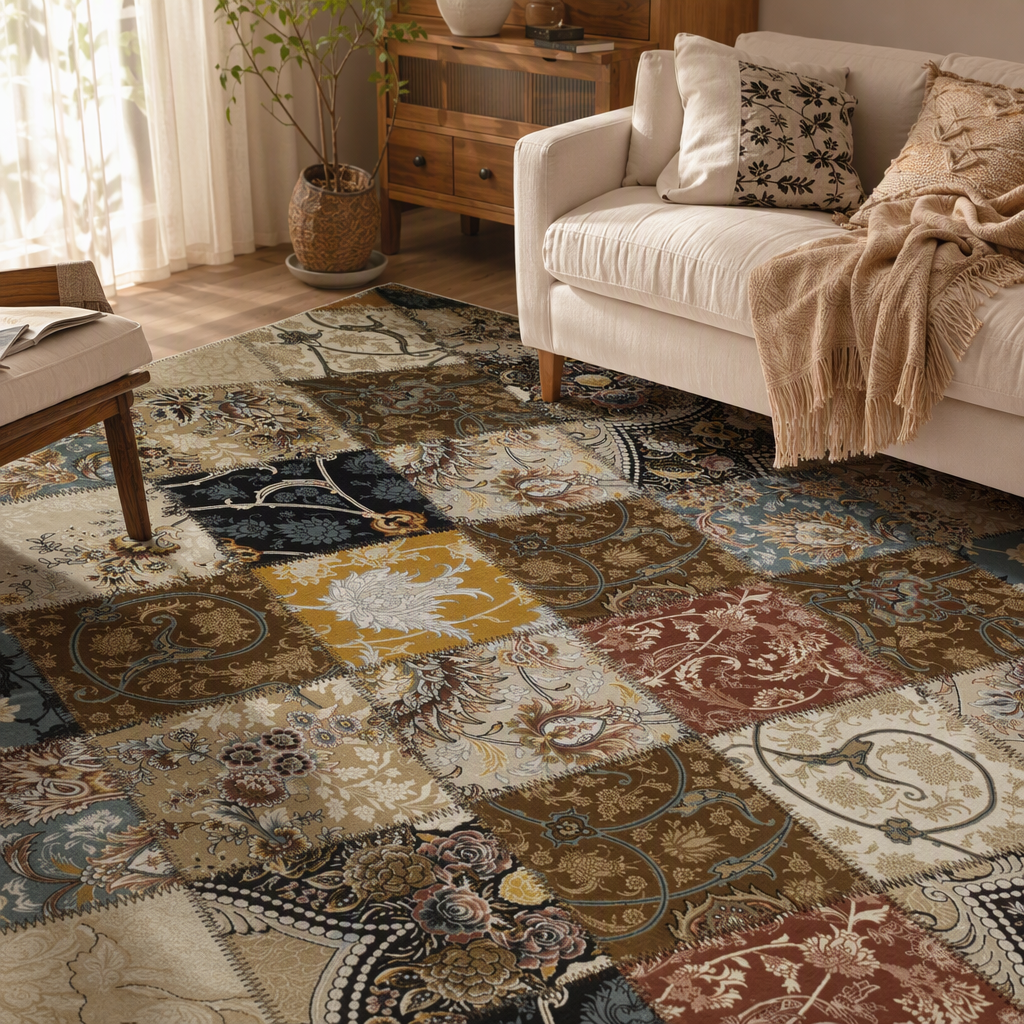 Patchwork style floral pattern carpet, anti-slip and wear-resistant floor mat for living room and bedroom, home carpet decoration details Picture
