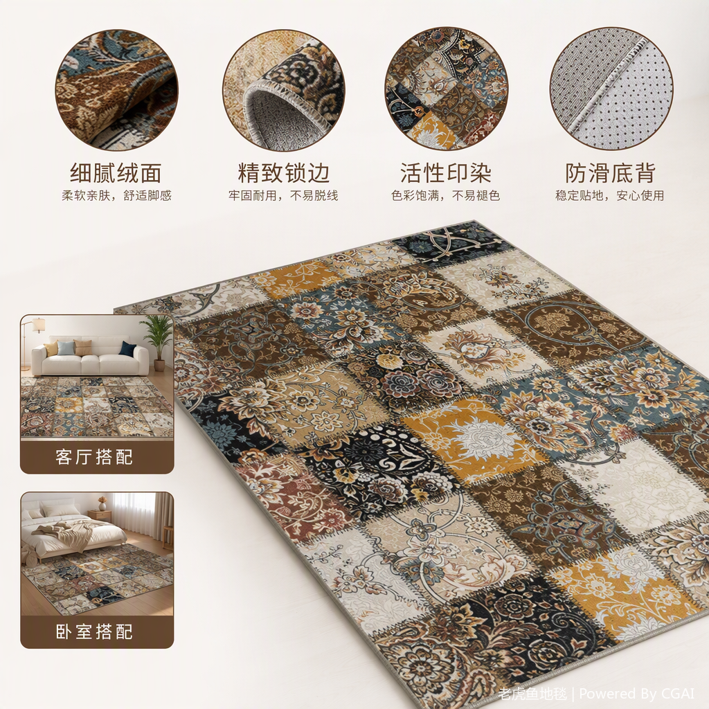 Patchwork style floral pattern carpet, anti-slip and wear-resistant floor mat for living room and bedroom, home carpet decoration