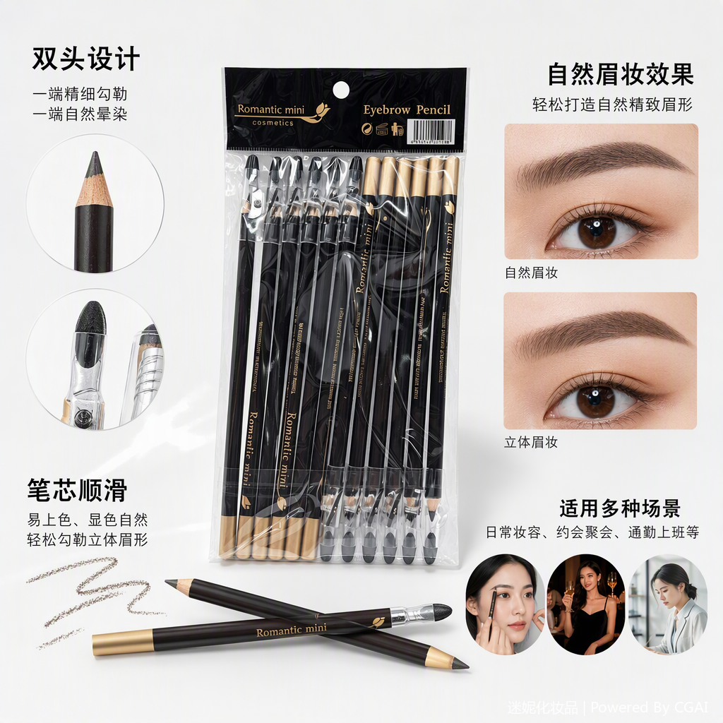 Romantic mini品牌眉笔套装黑色包装袋装自然持久防晕染学生款化妆工具
