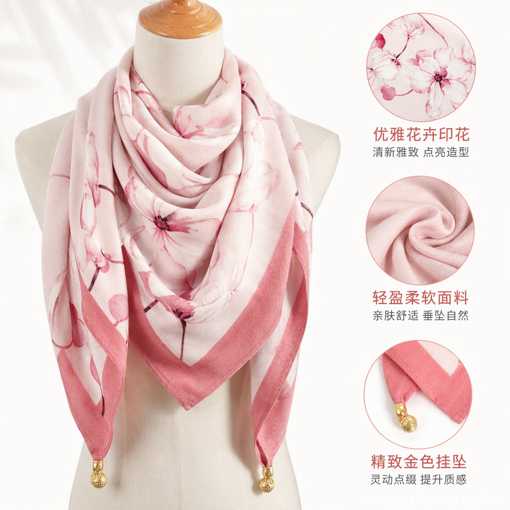The elegant pink floral pattern silk scarf is a versatile new soft and lightweight shawl accessory for women in spring and summer