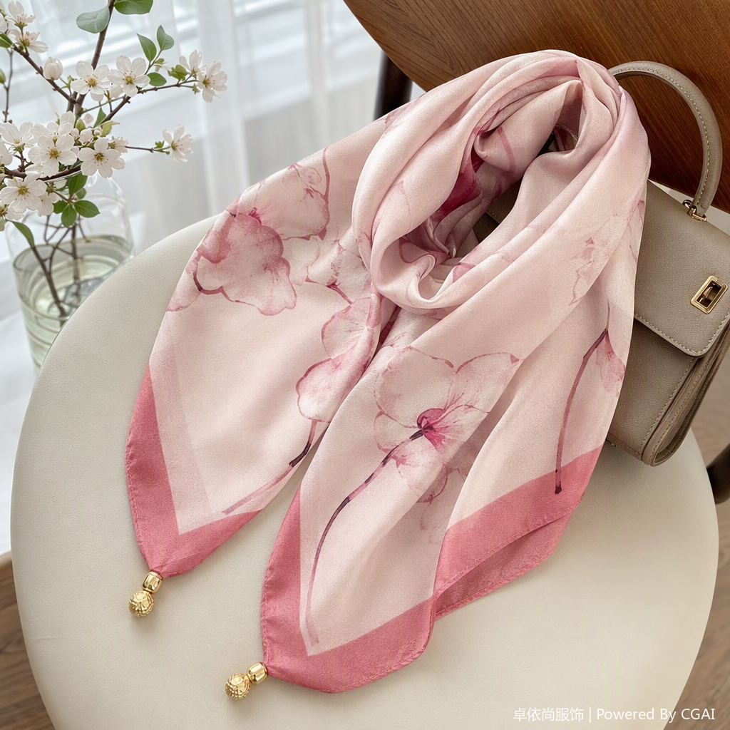 The elegant pink floral pattern silk scarf is a versatile new soft and lightweight shawl accessory for women in spring and summer details Picture
