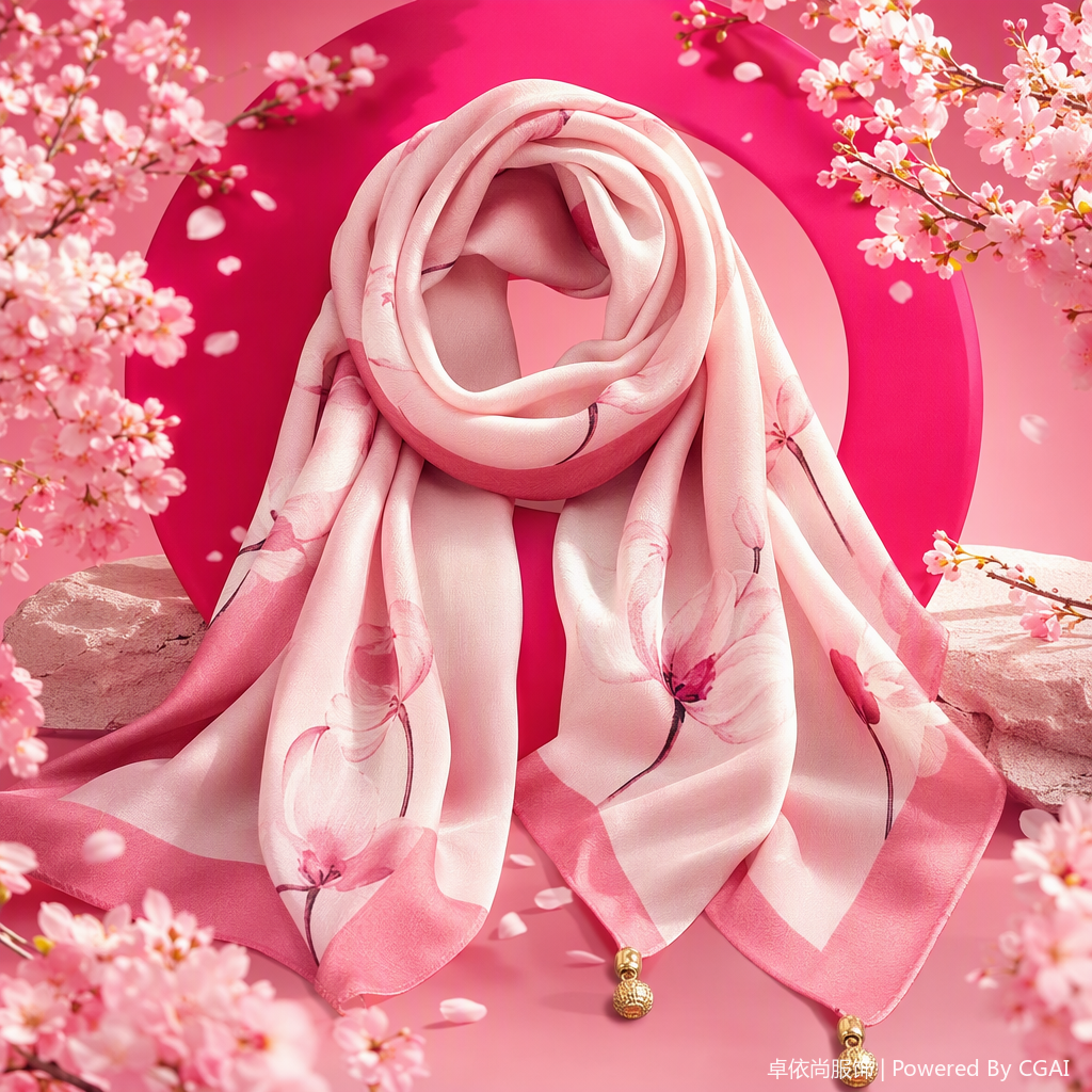 The elegant pink floral pattern silk scarf is a versatile new soft and lightweight shawl accessory for women in spring and summer Specification image