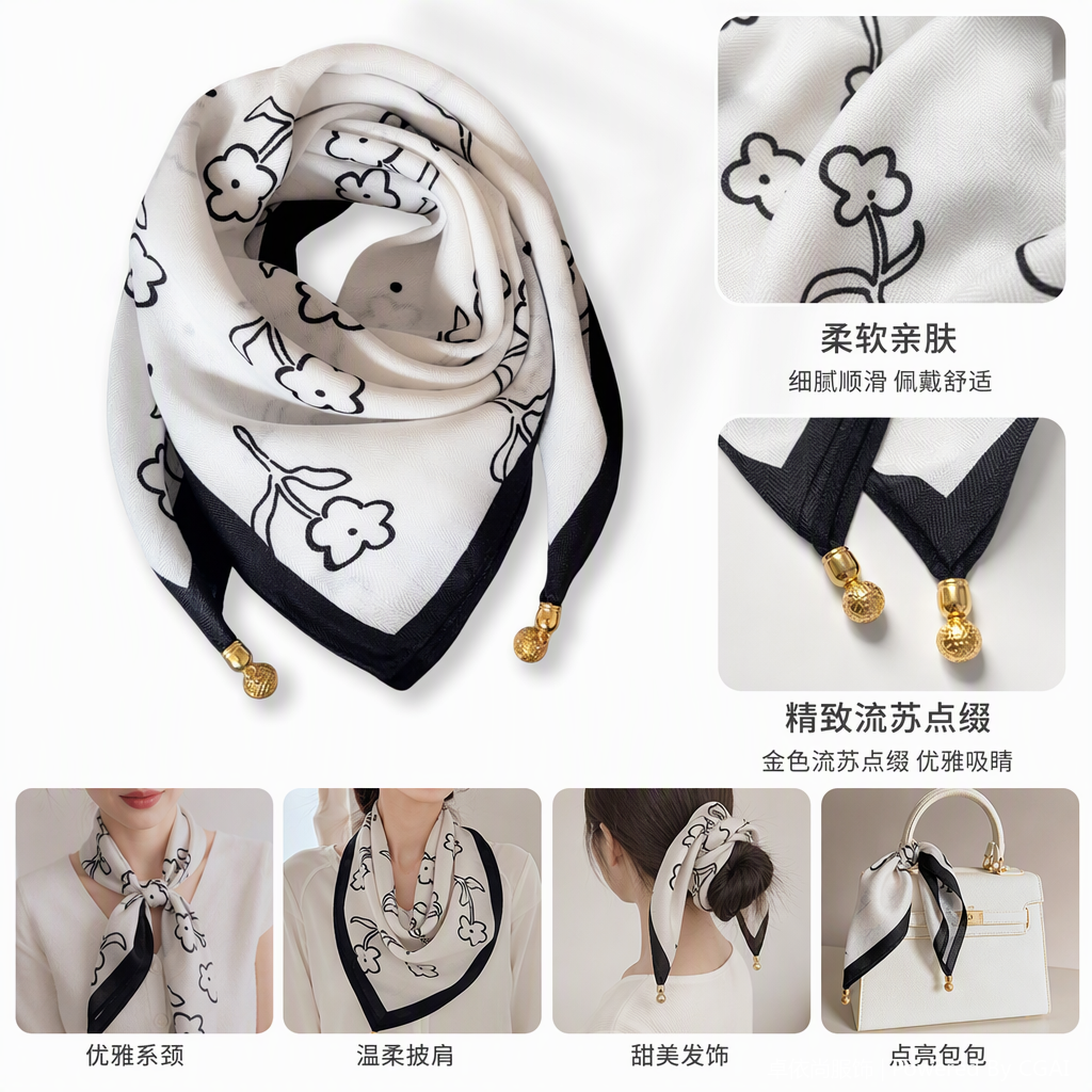 Moda versátil blanco y negro patrón floral pañuelo elegante mujer chal primavera verano nueva tendencia 100 accesorios