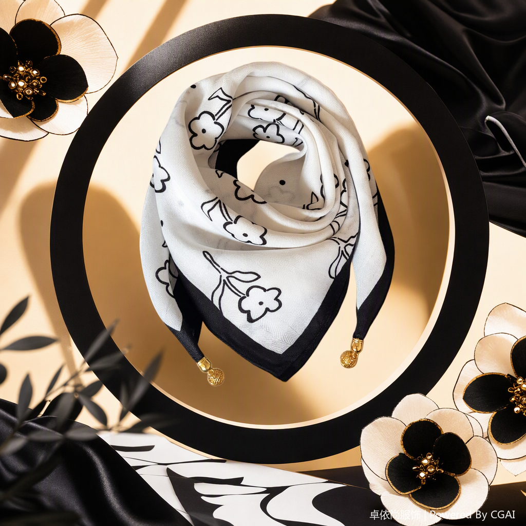 Moda versátil blanco y negro patrón floral pañuelo elegante mujer chal primavera verano nueva tendencia 100 accesorios Specification image