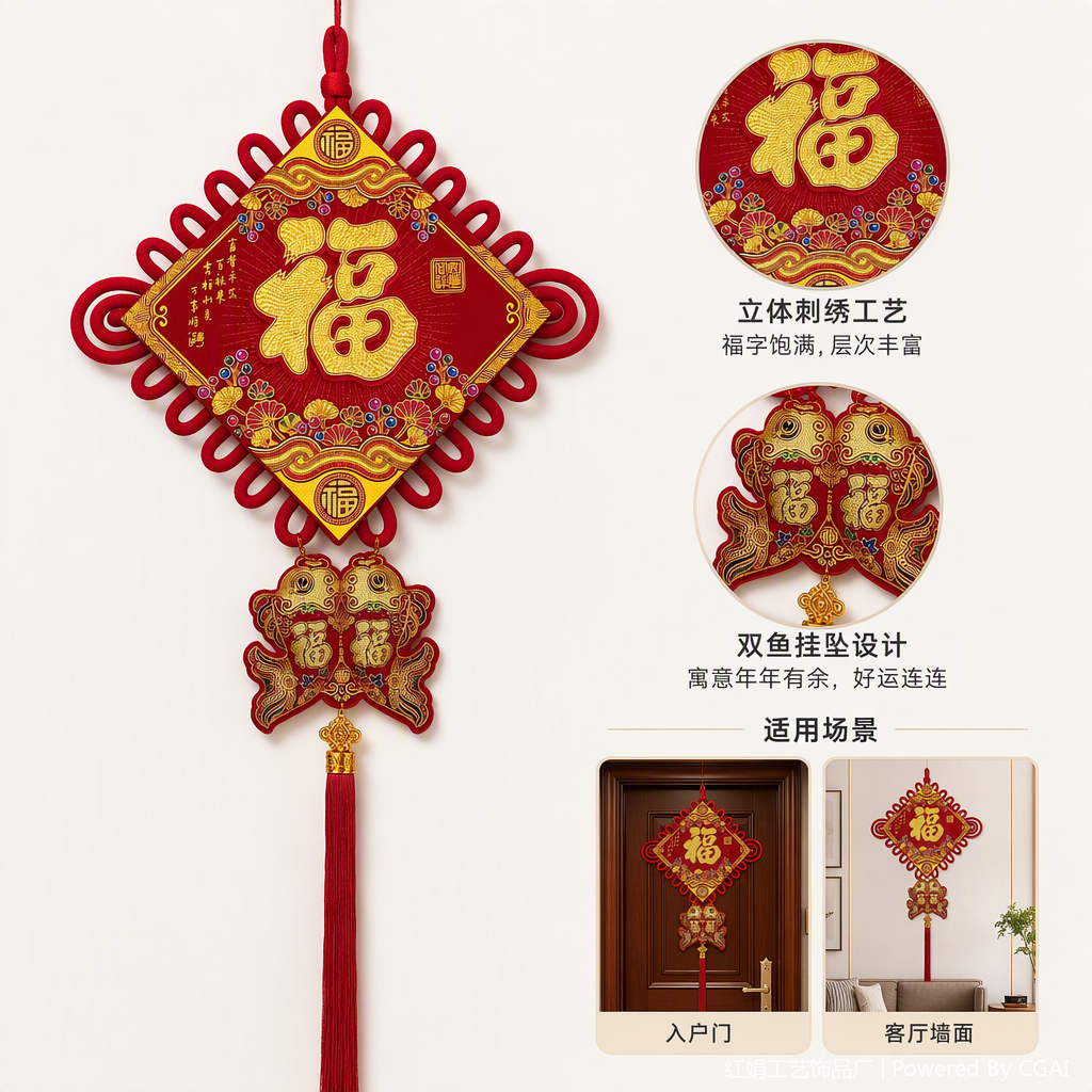 Angery red Chinese knot pendant, "Fu" character, double fish decoration, Chinese-style handicrafts, home ornaments, auspicious decorations