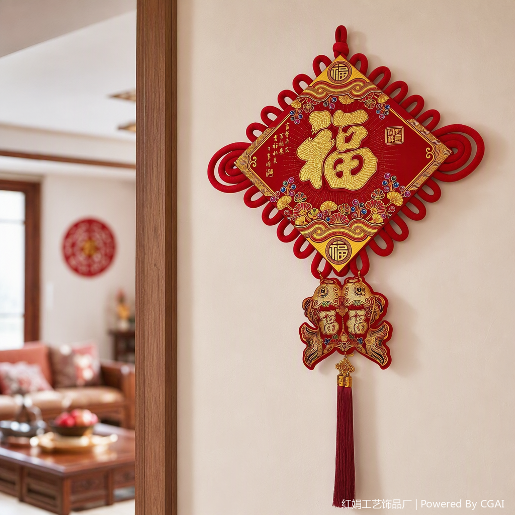 Angery red Chinese knot pendant, "Fu" character, double fish decoration, Chinese-style handicrafts, home ornaments, auspicious decorations details Picture