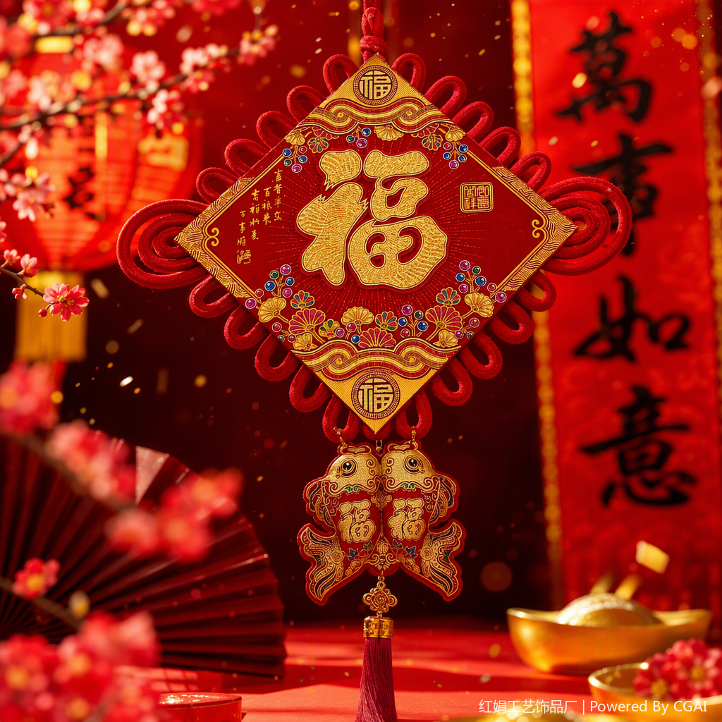 Angery red Chinese knot pendant, "Fu" character, double fish decoration, Chinese-style handicrafts, home ornaments, auspicious decorations Specification image