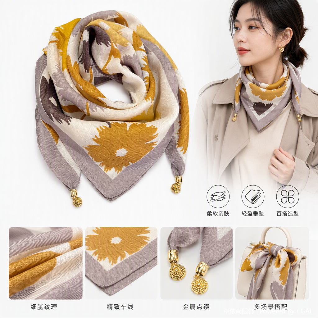The fashionable and versatile floral pattern silk scarf is soft, light and elegant, a trendy new accessory for women's scarves