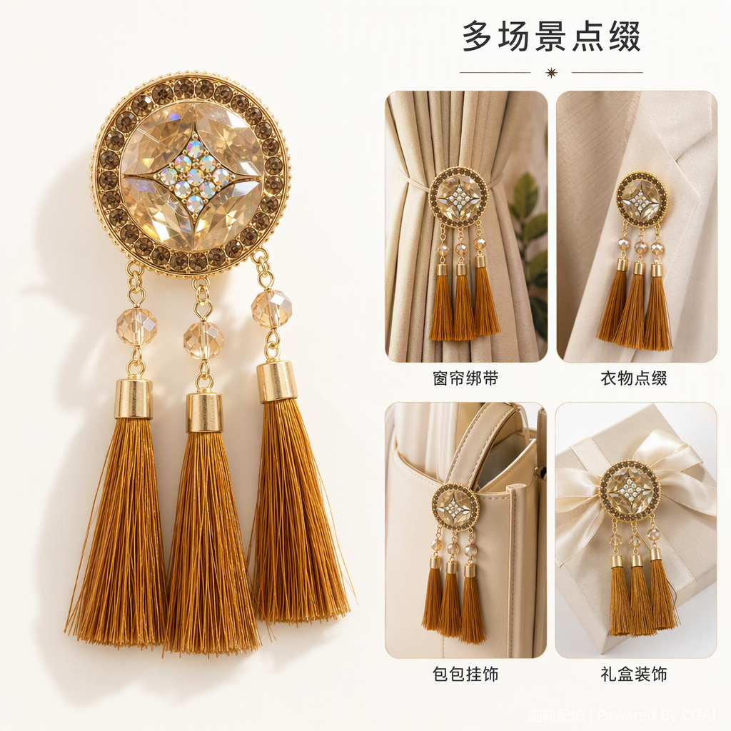 金色流苏吊坠配圆形水晶耳饰时尚优雅耳饰品女款潮流百搭耳坠饰品