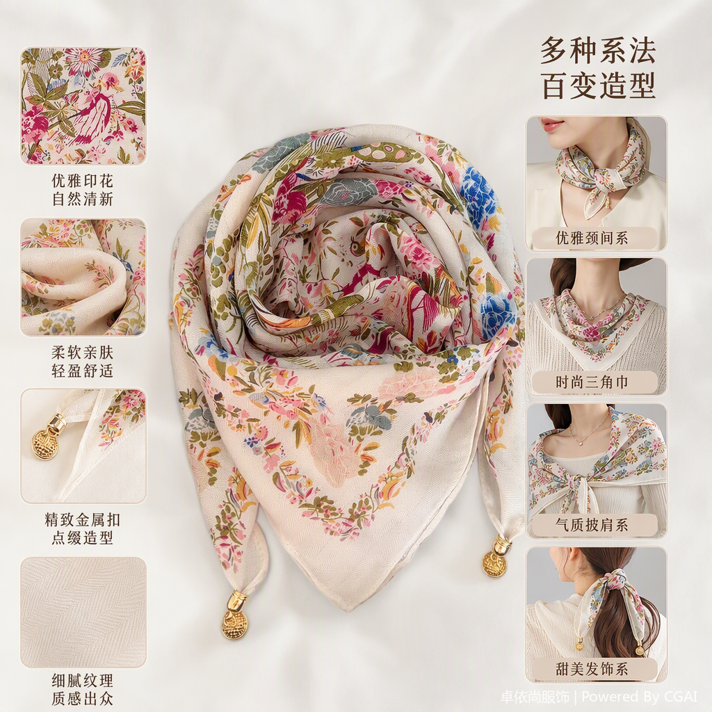 This fashionable and versatile floral pattern silk scarf is soft, light and elegant, a spring and summer accessory for women