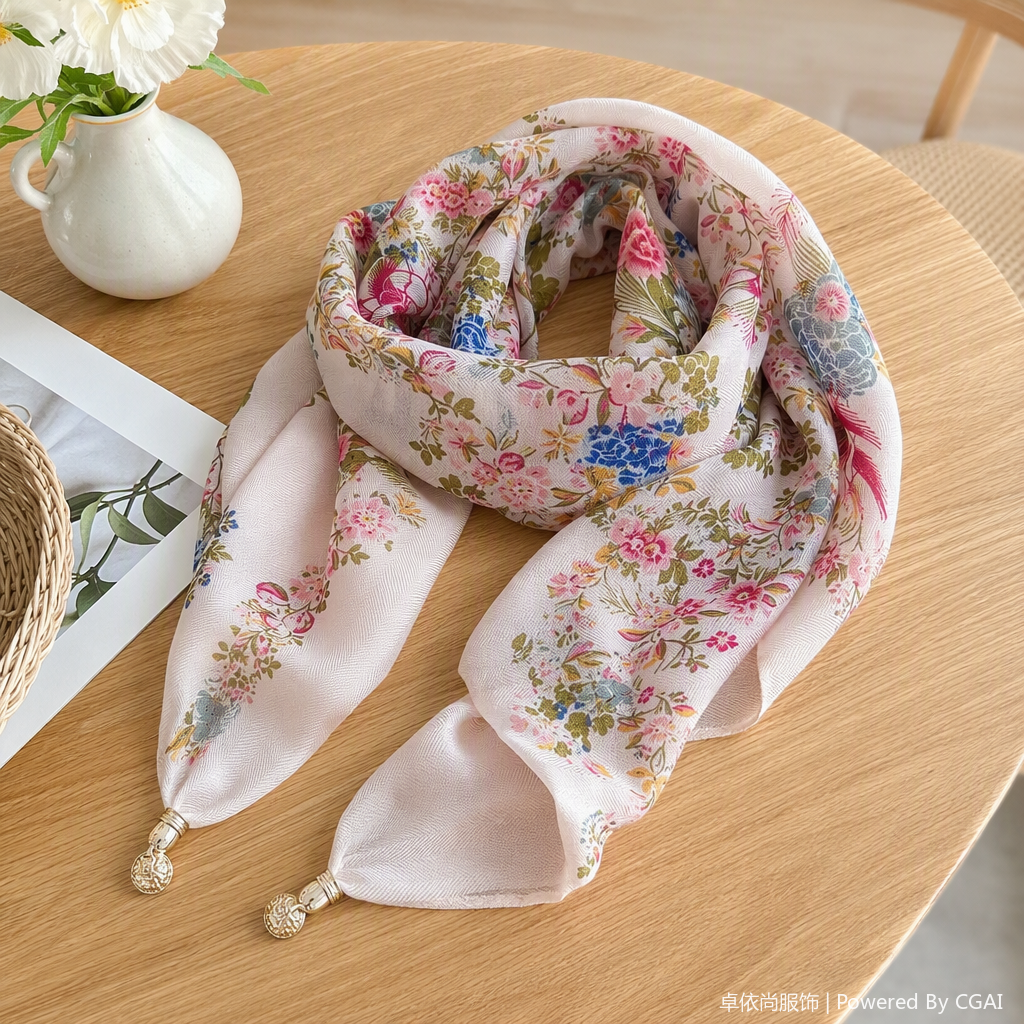 This fashionable and versatile floral pattern silk scarf is soft, light and elegant, a spring and summer accessory for women details Picture