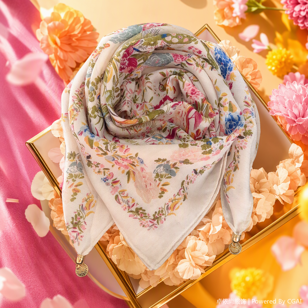 This fashionable and versatile floral pattern silk scarf is soft, light and elegant, a spring and summer accessory for women Specification image