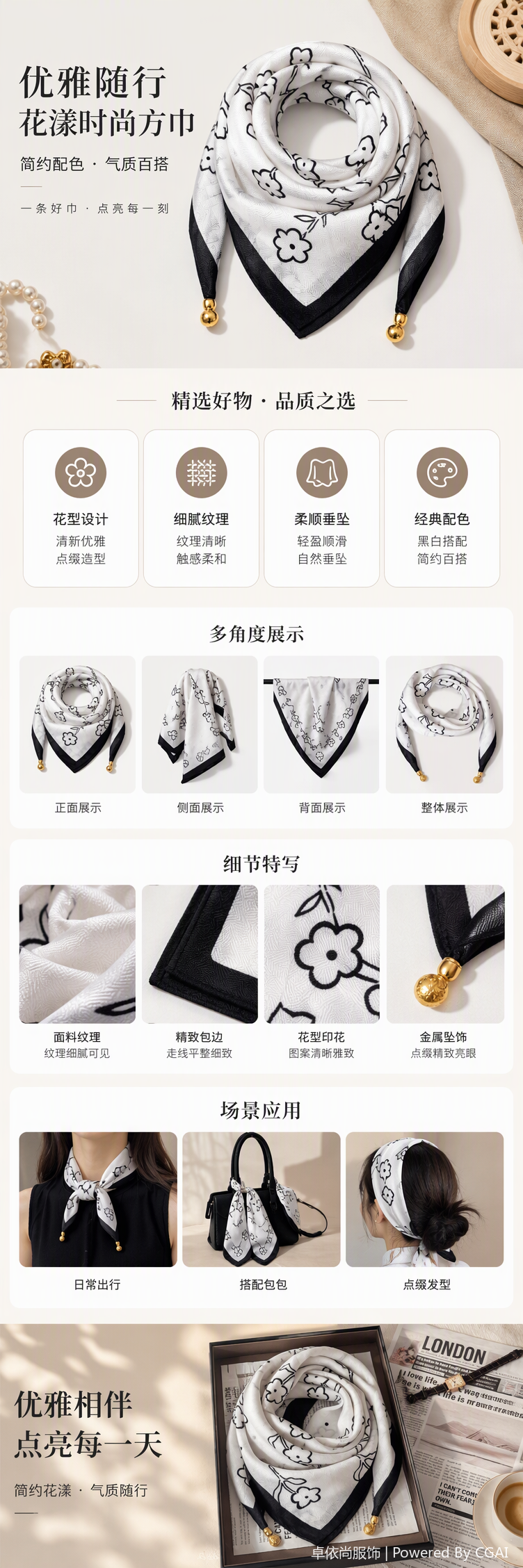 Moda versátil blanco y negro patrón floral pañuelo elegante mujer chal primavera verano nueva tendencia 100 accesorios pic 1