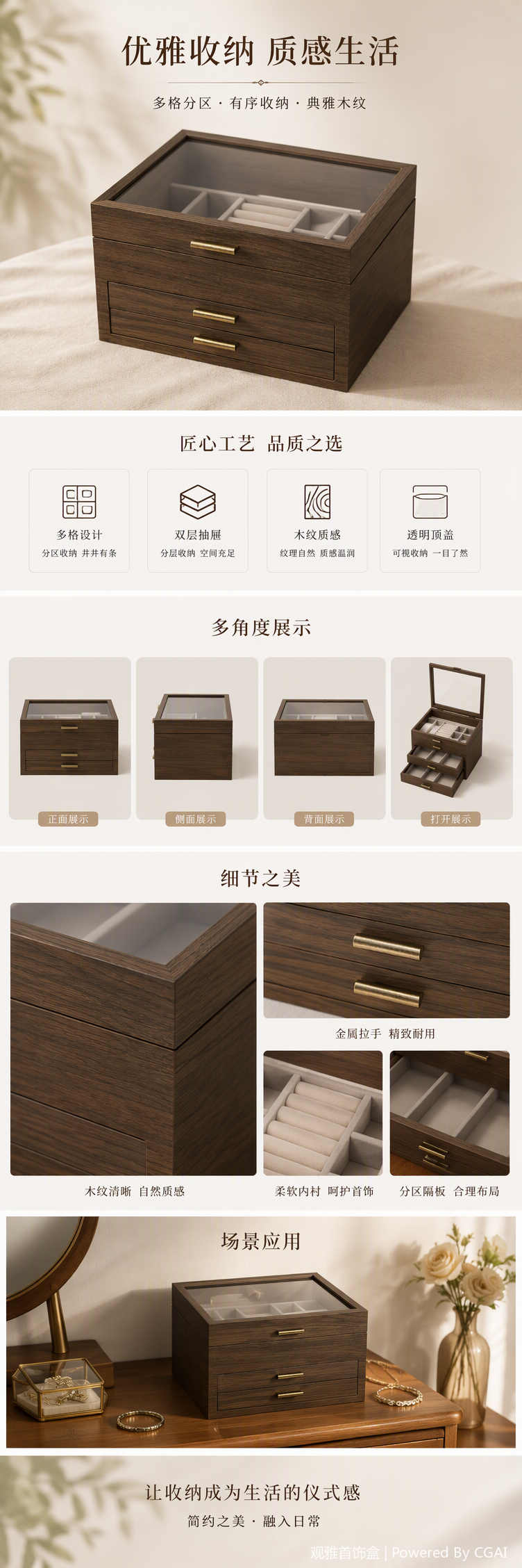 Dark brown wooden jewelry storage box with glass cover, double drawer organization box, fashionable and simple storage box, home decoration storage cabinet pic 1