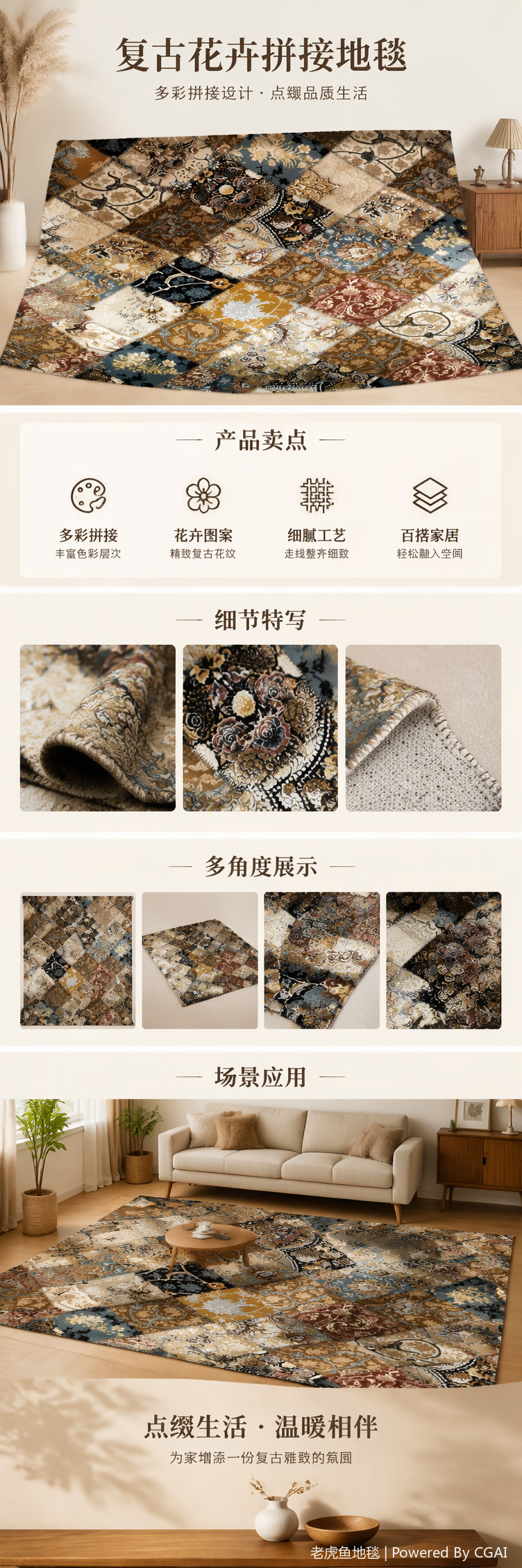 Patchwork style floral pattern carpet, anti-slip and wear-resistant floor mat for living room and bedroom, home carpet decoration pic 1