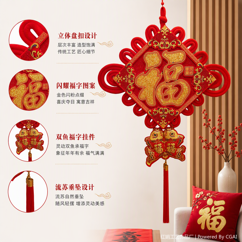 Chinese knot pendants, "Fu" character double fish decorative pendants, festive home decorations, gift fabric pendants