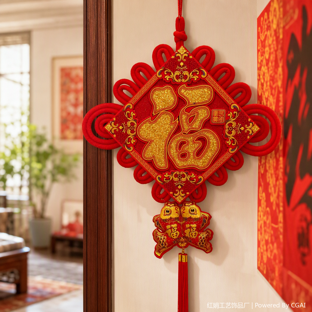 Chinese knot pendants, "Fu" character double fish decorative pendants, festive home decorations, gift fabric pendants details Picture