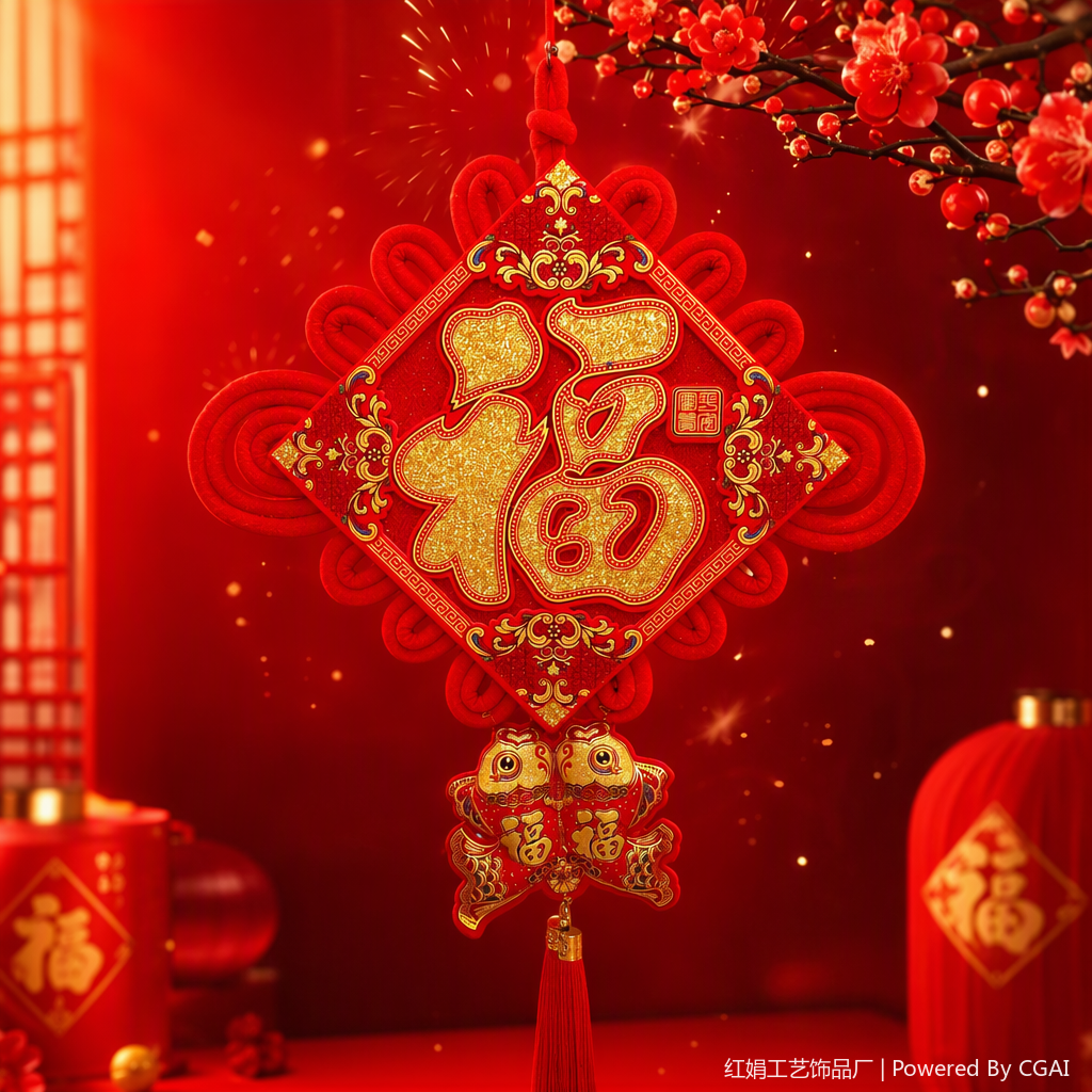 Chinese knot pendants, "Fu" character double fish decorative pendants, festive home decorations, gift fabric pendants Specification image