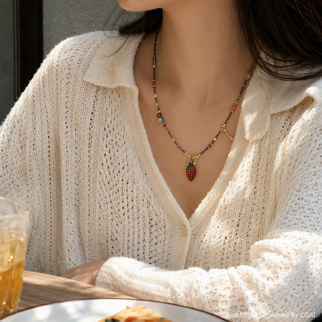 Sweet strawberry-shaped pendant necklace with influence, fashionable and simple, as a gift for girls, students and couples details Picture