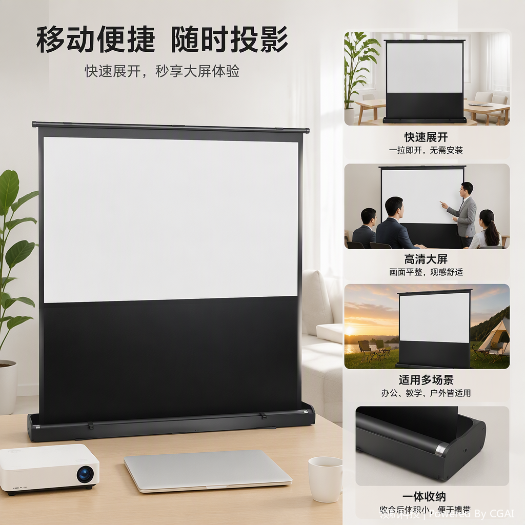 White projection screen with black base, home theater high-definition screen, portable projection screen, screen stand bracket