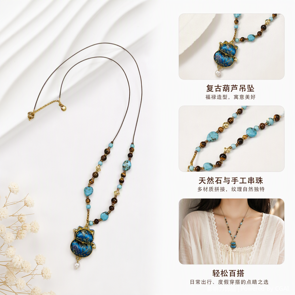 Influencia azul pellizcado esmalte gato forma colgante suéter cadena moda vintage artesanía incrustación joyería regalos colección