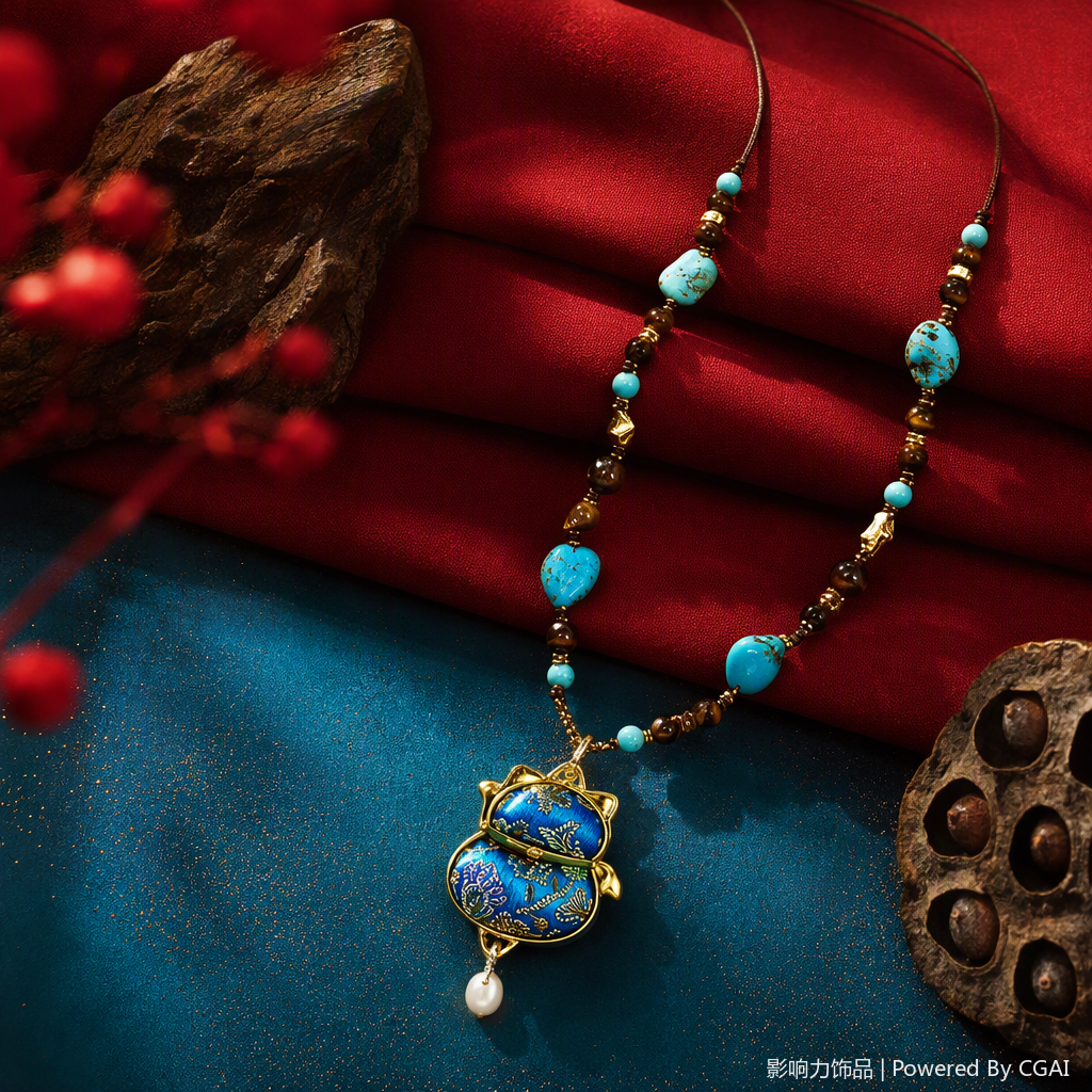 Influencia azul pellizcado esmalte gato forma colgante suéter cadena moda vintage artesanía incrustación joyería regalos colección Specification image