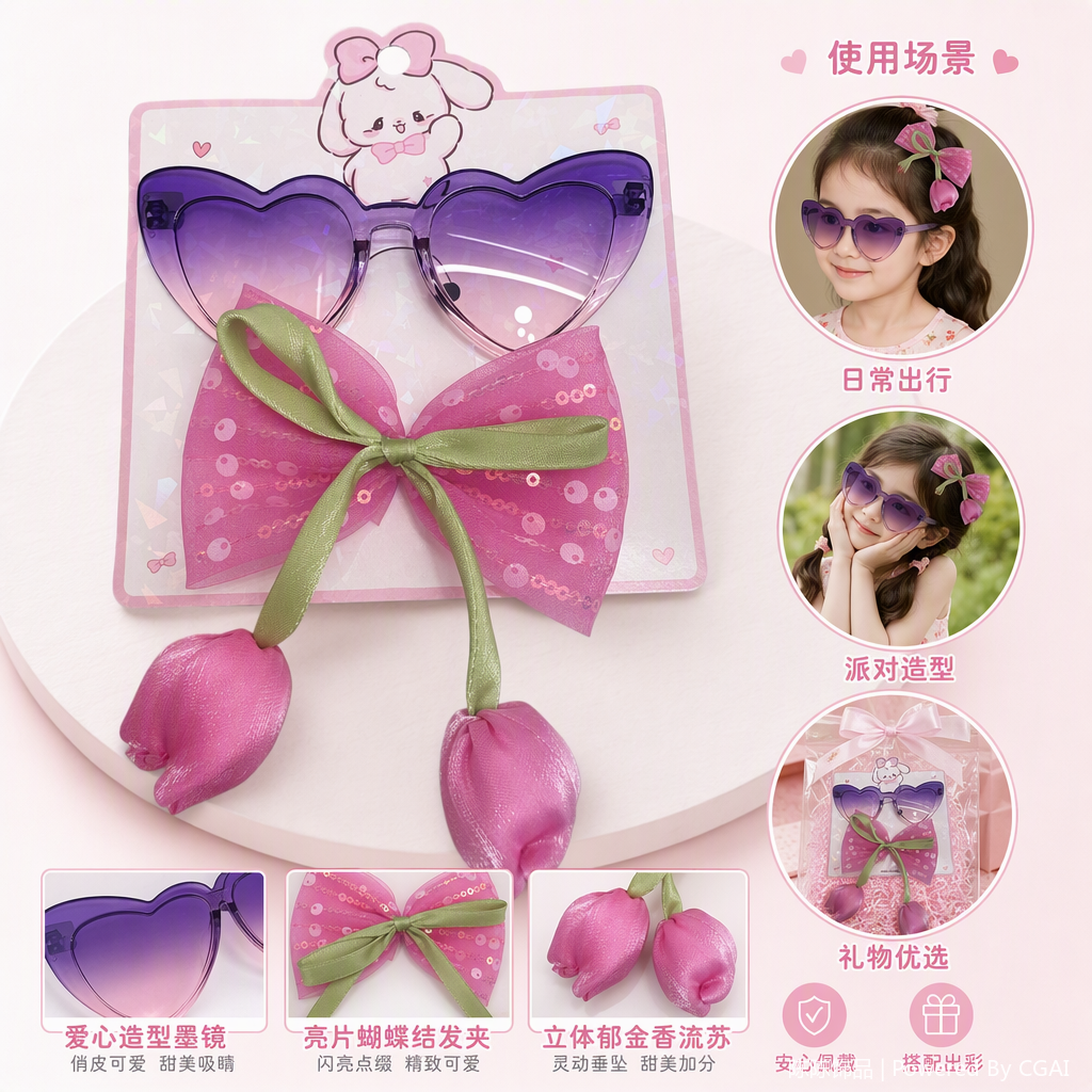 Heart-shaped purple gradient sunglasses and pink bow hair accessory set, trendy and fashionable couple style, cute and versatile for both children and adults