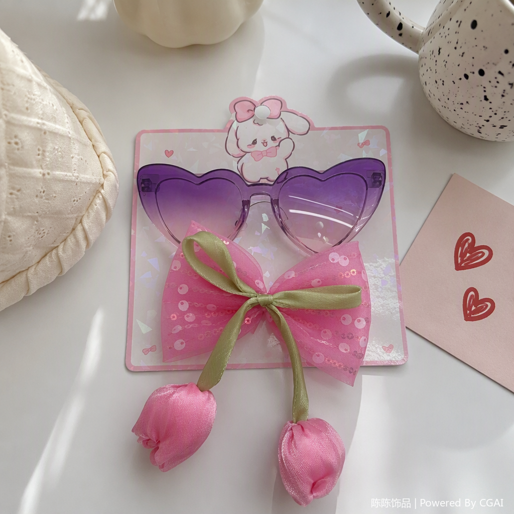 Corazón morado gradiente gafas de sol rosa lazo accesorios para el pelo conjuntos tendencia moda pareja pareja niños adultos cute versátil details Picture