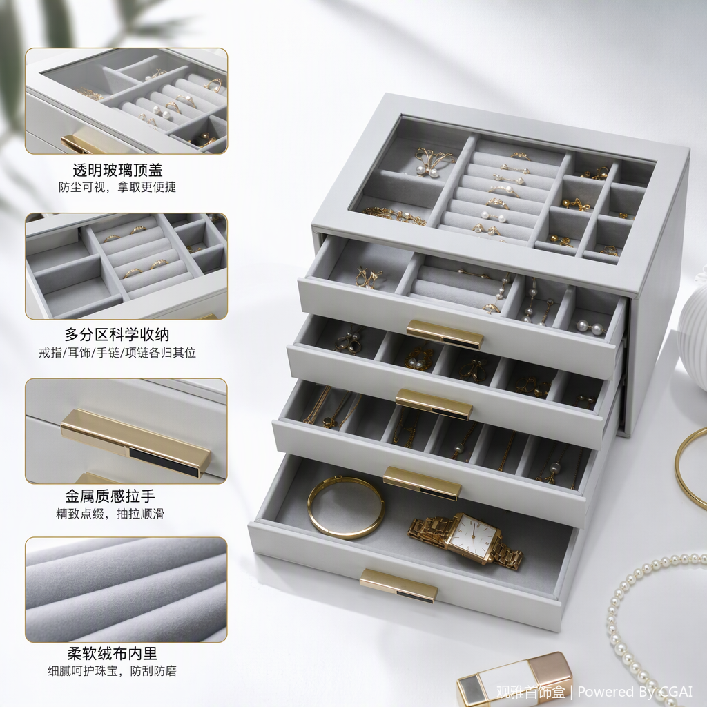 White multi-layer glass cover jewelry storage box, organizing box, fashionable and simple home accessory storage cabinet, storage box