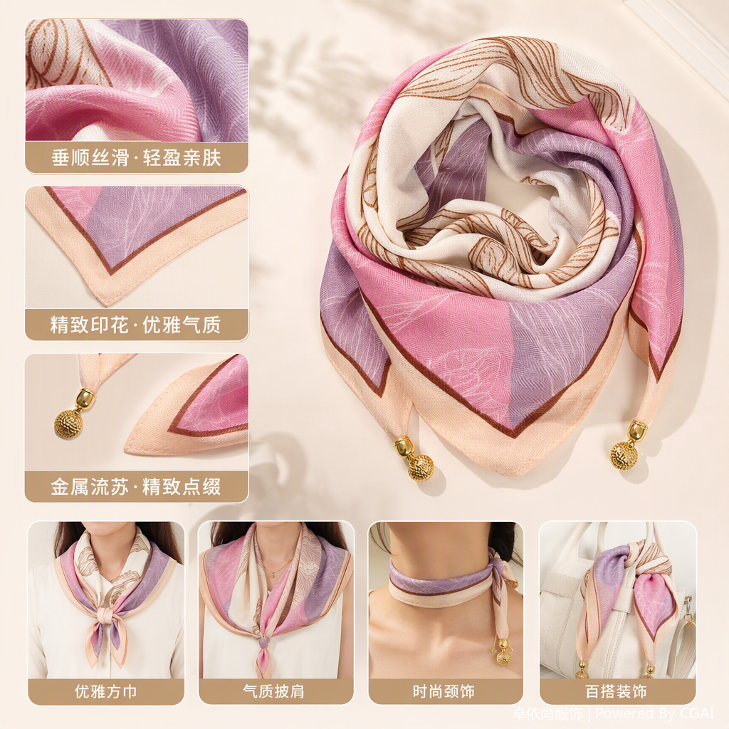 Rosa púrpura gradiente estampado pañuelo cuadrado oro borlas decoradas elegante y versátil accesorios de moda