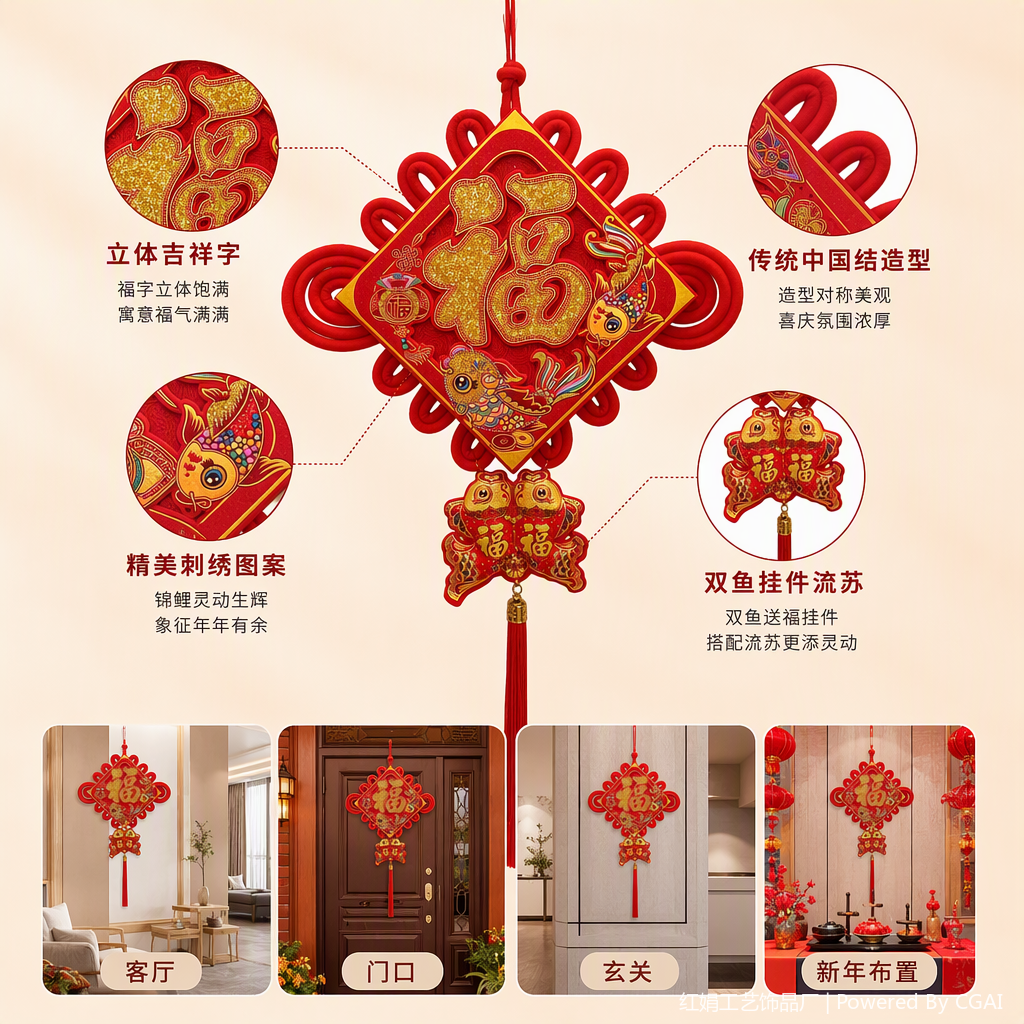 Red Chinese knot pendant, "Fu" character, goldfish pattern decorative item, festive home hanging piece, handicraft gift