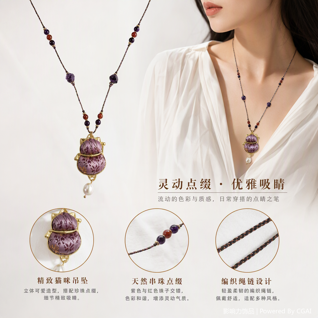 Influencia purpura brocado forma de gato colgante sweater cadena moda elegante personalidad tendencias accesorios mujer regalos