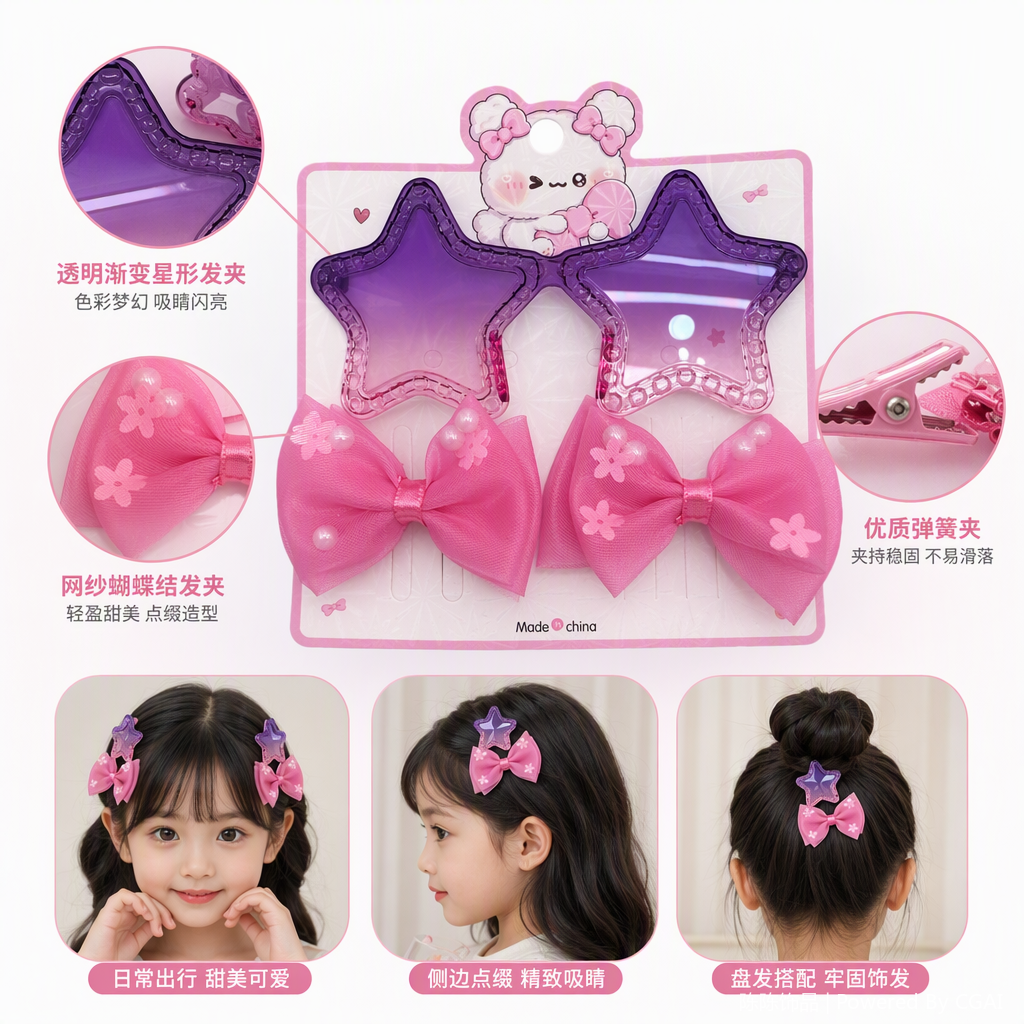 Pink star hairpin bow hair accessory set, children's cute hair accessory, hairpin and hairpin combination, versatile hair accessories