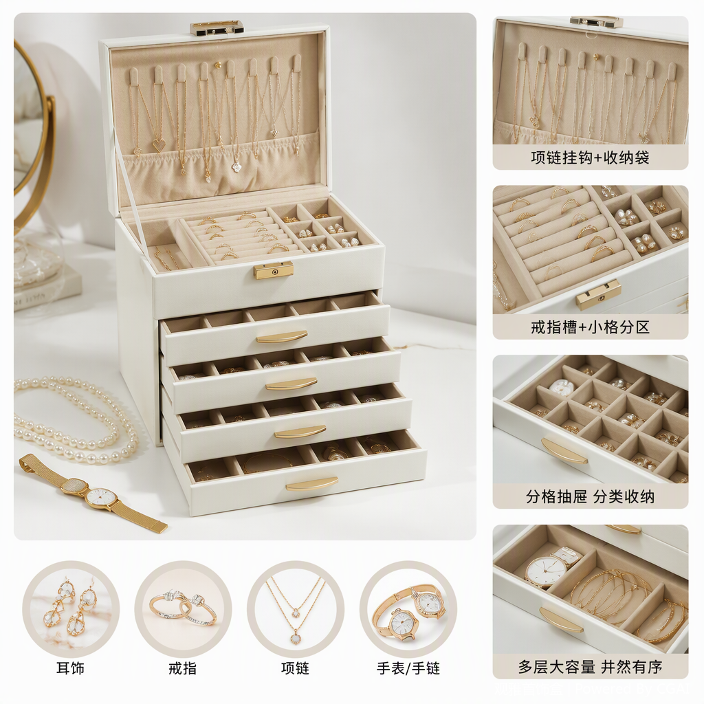 Beige multi-layer drawer jewelry storage box with glass cover and golden lock handle, simple and fashionable storage box