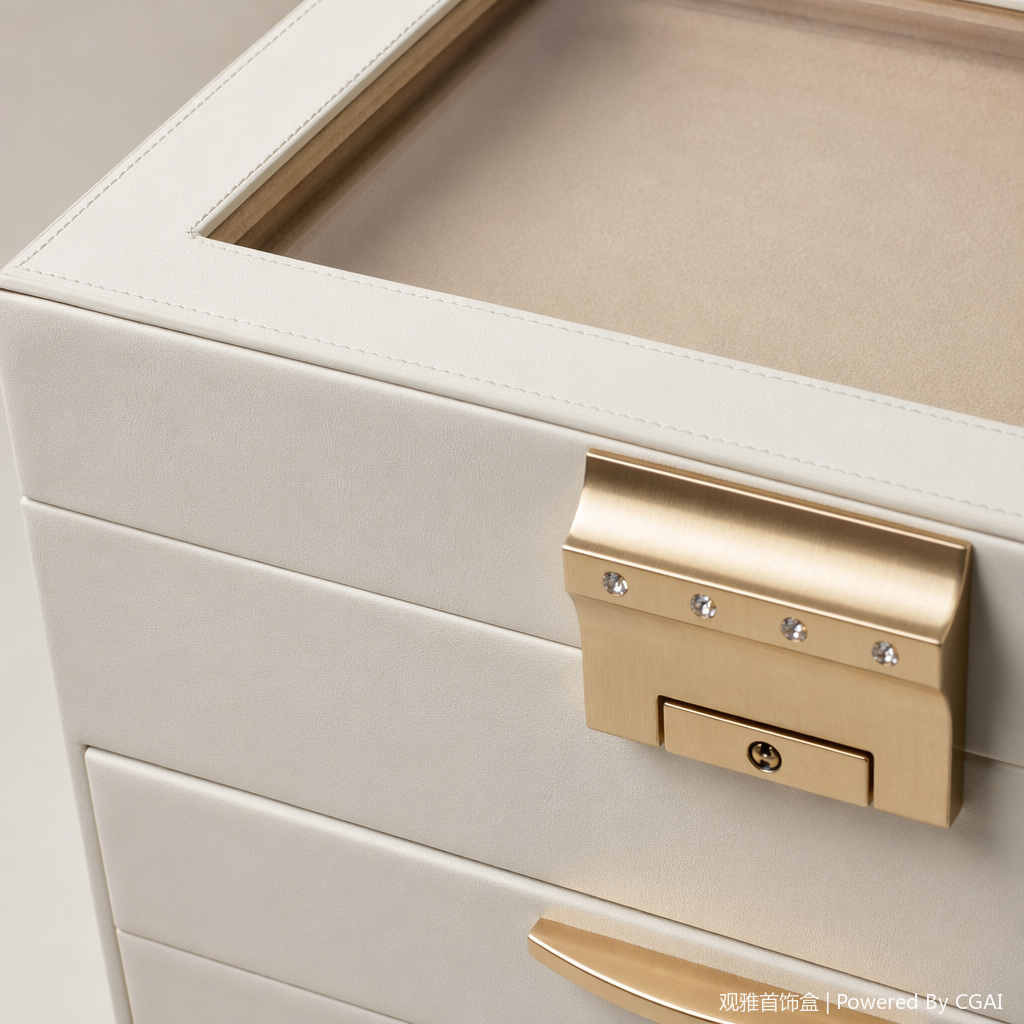 Многослойная коробка из-под украшений в белом ящике с золотой крышкой стеклянного замка, держащая за руку коробку для сбора модных товаров Application Scenario