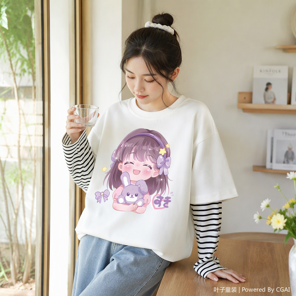 Children's cartoon-printed pure cotton T-shirt for spring and summer, a casual and loose top for boys and girls