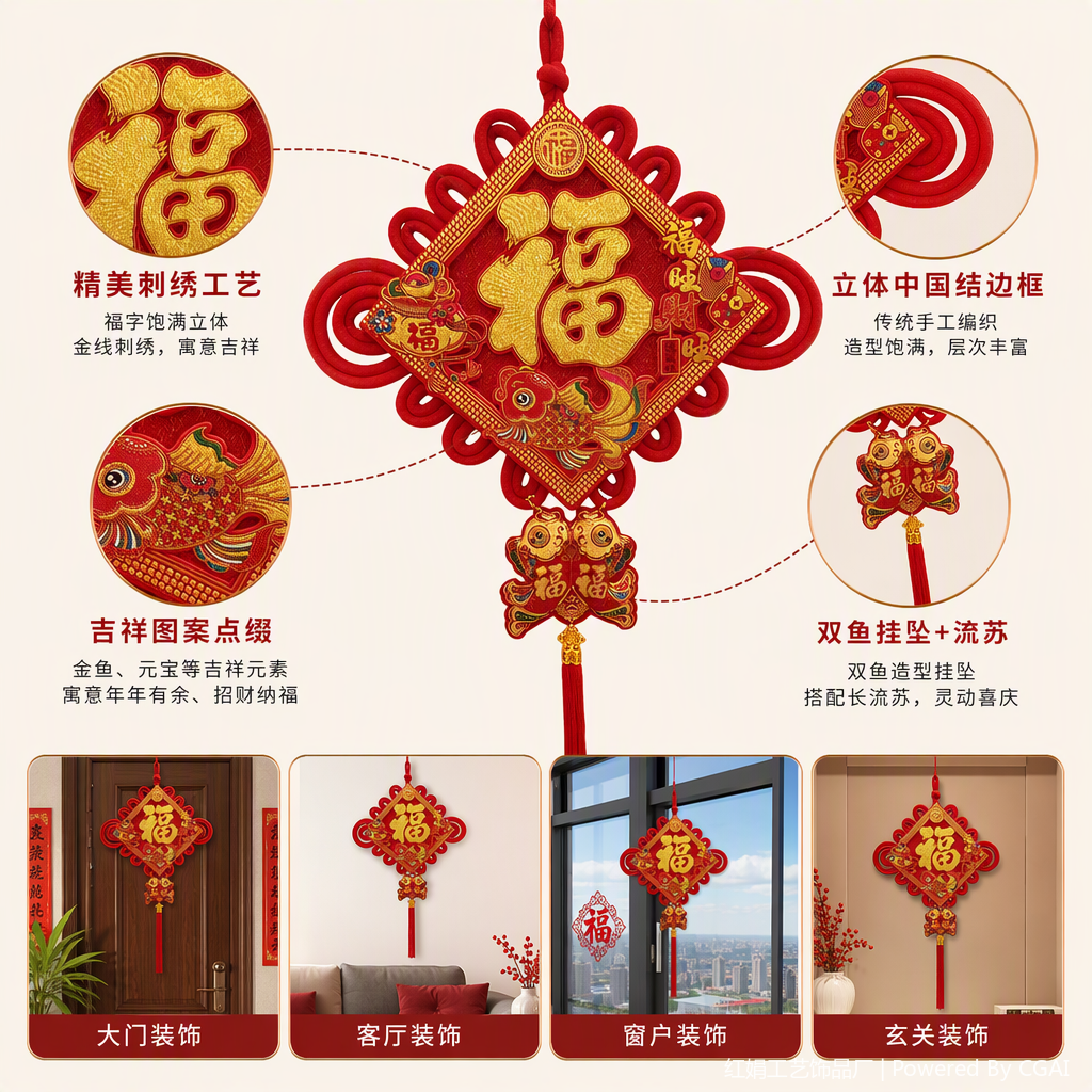 Red Chinese knot pendants, "Fu" character decorations, festive home hanging items, hand-woven hanging ornaments, gifts
